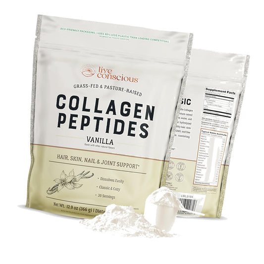 Live Conscious Collagen Peptides Powder - Vanilla Flavored Collagen Powder - Hair, Skin, Nail, & Joint Support - Type I & III Grass-Fed Collagen Supplements for Women and Men - 30 Servings - 13oz
