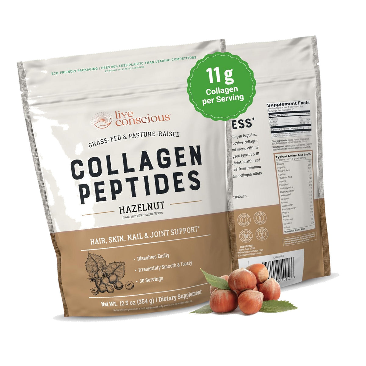 Live Conscious Collagen Peptides Powder - Hazelnut Flavored Collagen Powder - Hair, Skin, Nail, & Joint Support - Type I & III Grass-Fed Collagen Supplements for Women and Men - 30 Serving - 12.4oz