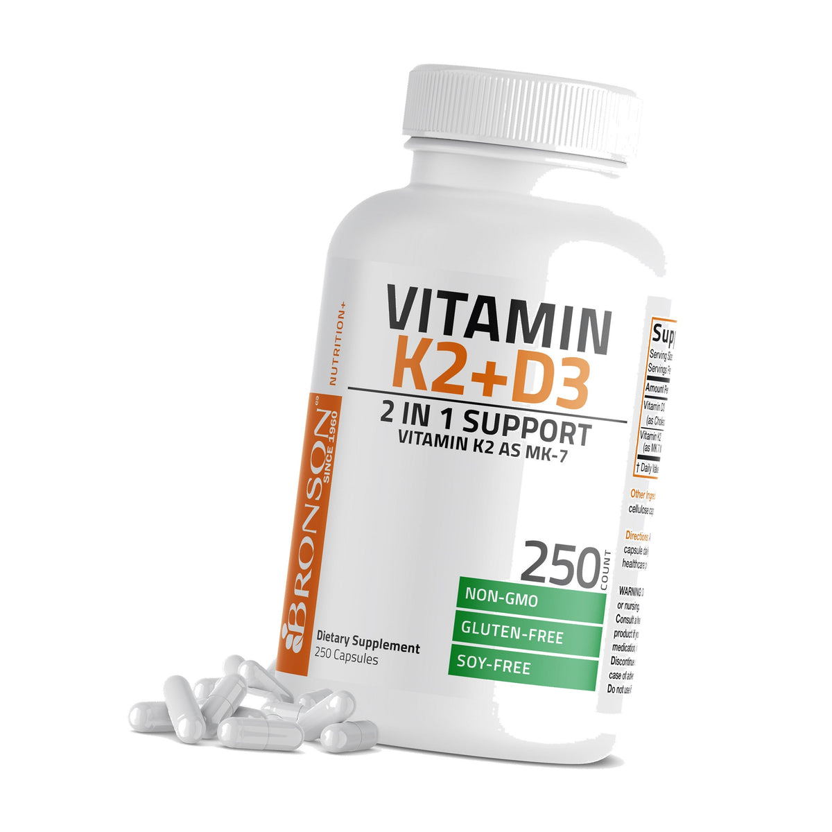 Bronson Vitamin K2 D3 (MK7) Supplement 2-in1 D3 & K2 Complex, 250 Capsules