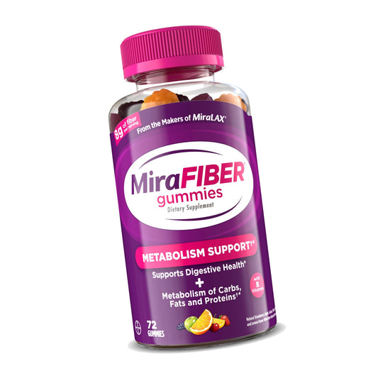 MiraFIBER Gummies, from The Makers of MiraLAX, 8g Per Serving, with B Vitamins, Metabolism Support, Gut Health for Men & Women, Prebiotic Fiber Gummies for Adults, Mixed Fruit Flavor 72Ct