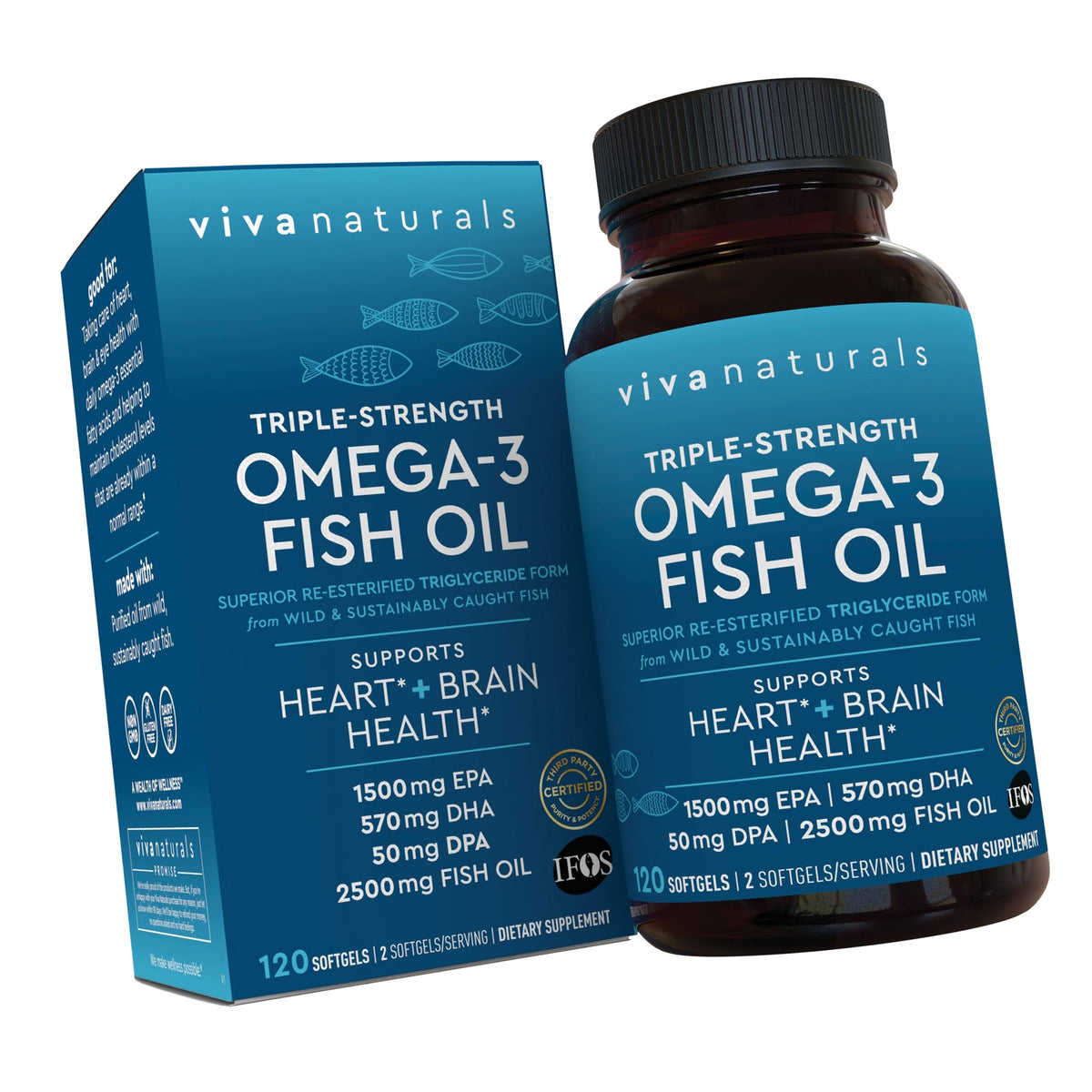 Viva Naturals Omega 3 Fish Oil Supplement for Women and Men - 2500 mg Triple Strength Fish Oil per Serving with Omega 3 Fatty Acids Including EPA, DHA DPA - 120 Pescatarian-Friendly Softgels