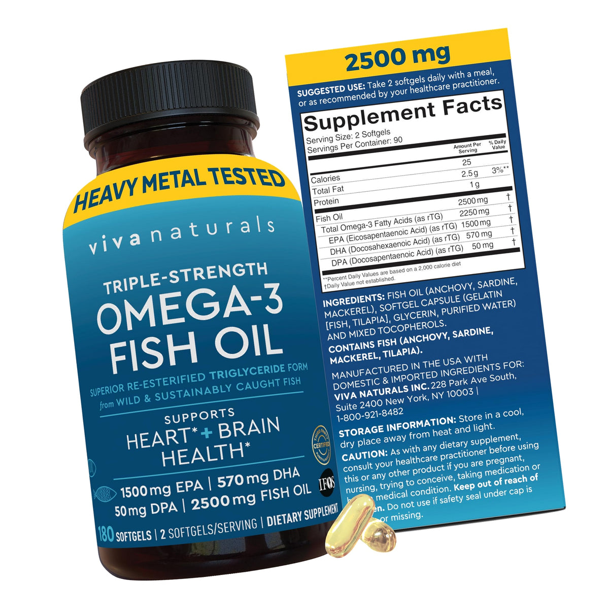 Viva Naturals Omega 3 Fish Oil Supplement for Women and Men - 2500 mg Triple Strength Fish Oil per Serving with Omega 3 Fatty Acids Including EPA, DHA DPA - 180 Pescatarian-Friendly Softgels