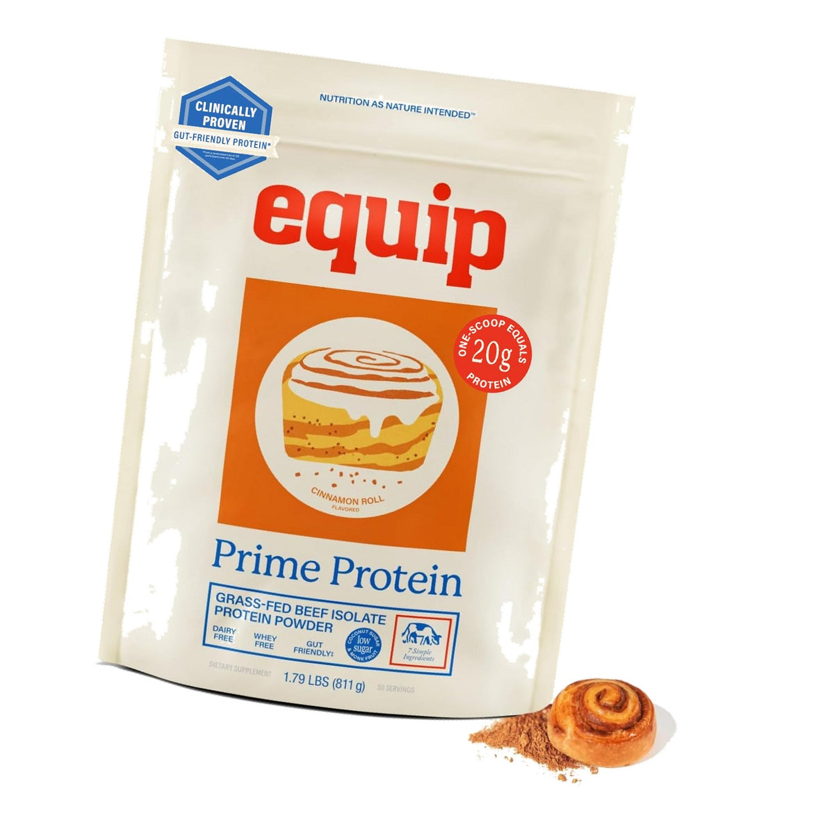 Equip Foods Prime Protein Powder | Clean, Grass Fed Beef Protein Powder for Women & Men | Carnivore Protein Isolate | Paleo, Keto Friendly | Gluten, Dairy Free | 30 Servings, Cinnamon Roll