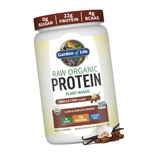 Garden of Life Organic Vegan Protein Powder, Plant Based & BCAAs, Organic Protein Powder with Probiotics & Enzymes, Non-GMO, Gluten-Free Lactose Free, Vanilla Chai, 1.2 LB