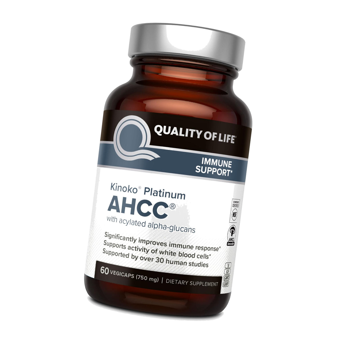Quality of Life Premium Kinoko Platinum AHCC Herbal Supplement, 750mg per Capsule, for Immune Support, Liver Function, Maintains Natural Killer Cell Activity, Pack of 1, 60 Veggie Capsules