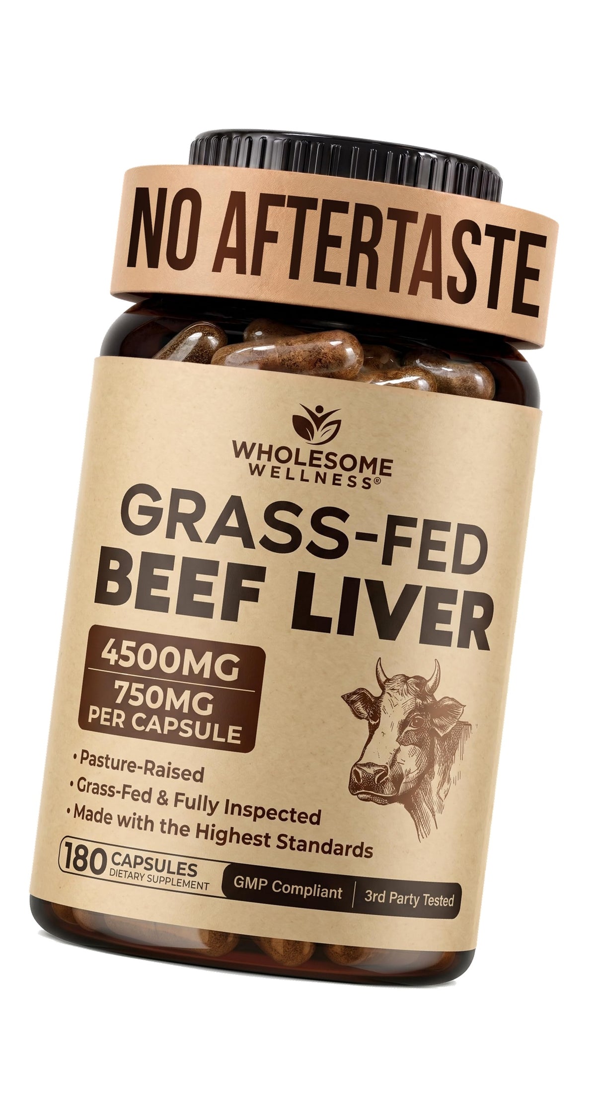 Wholesome Wellness Grass Fed Desiccated Beef Liver Capsules (180 Pills, 750mg Each) - Natural Iron, Vitamin A, B12 for Energy - Raised Undefatted in New Zealand Without Hormones or Chemicals