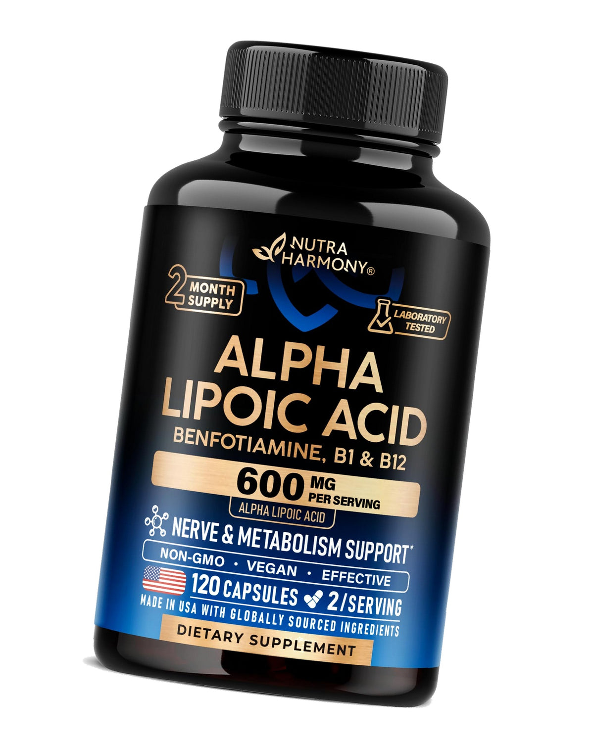 Alpha Lipoic Acid 600mg - ALA Supplement + Benfotiamine B1 & B12 - 120 Caps