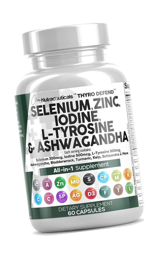 Clean Nutra Selenium 300mcg Iodine 500mcg Thyroid Support for Women & Men | L Tyrosine 500mg Ashwagandha Supplement Bladderwrack, Turmeric, Kelp, Schisandra Zinc Pills Capsule Supplements