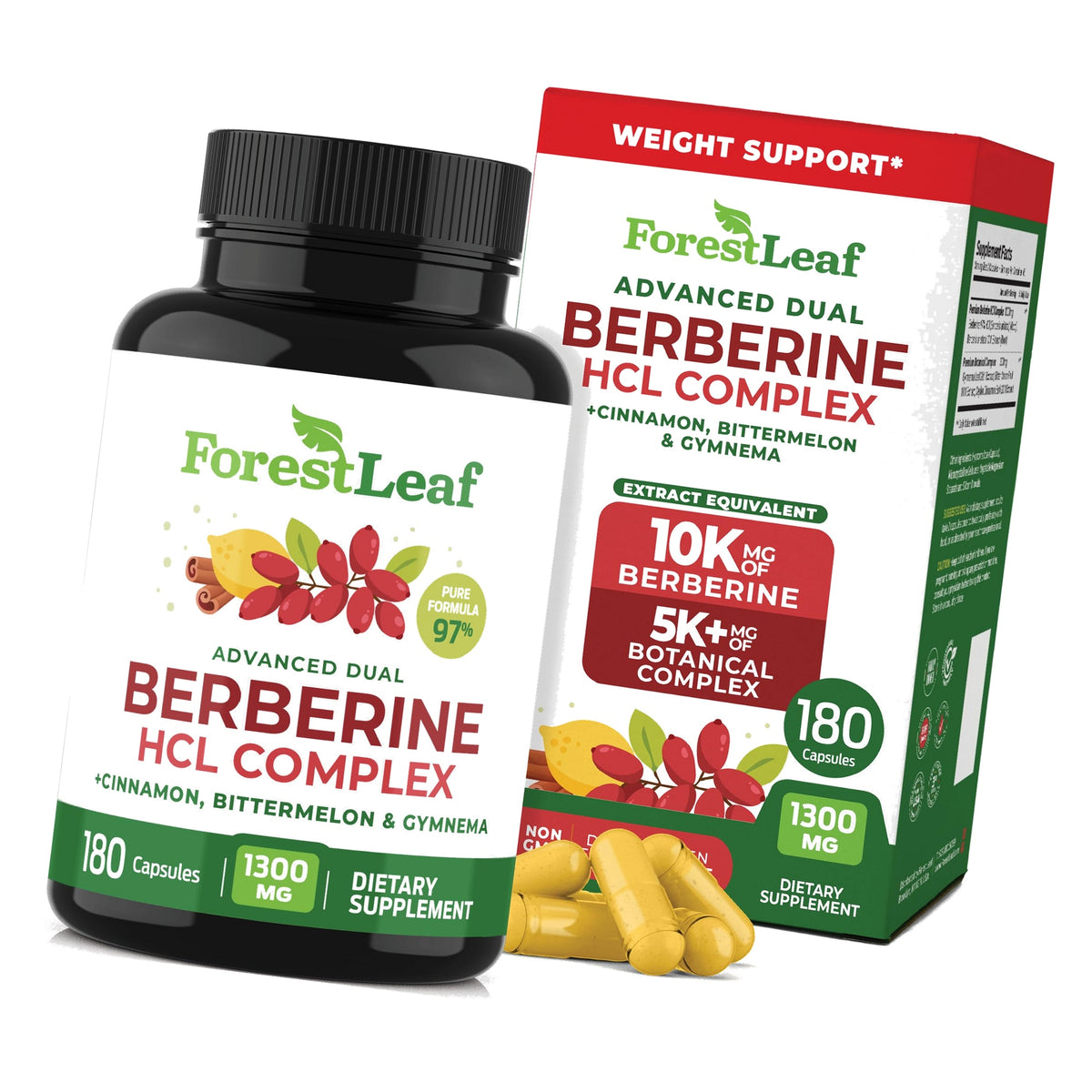 ForestLeaf Berberine Supplement - 1300mg per Serving - Ultra High Potency Berberine HCl with Ceylon Cinnamon, Bitter Melon & Gymnema - GLP-1 Weight Management Support - 180 Caps