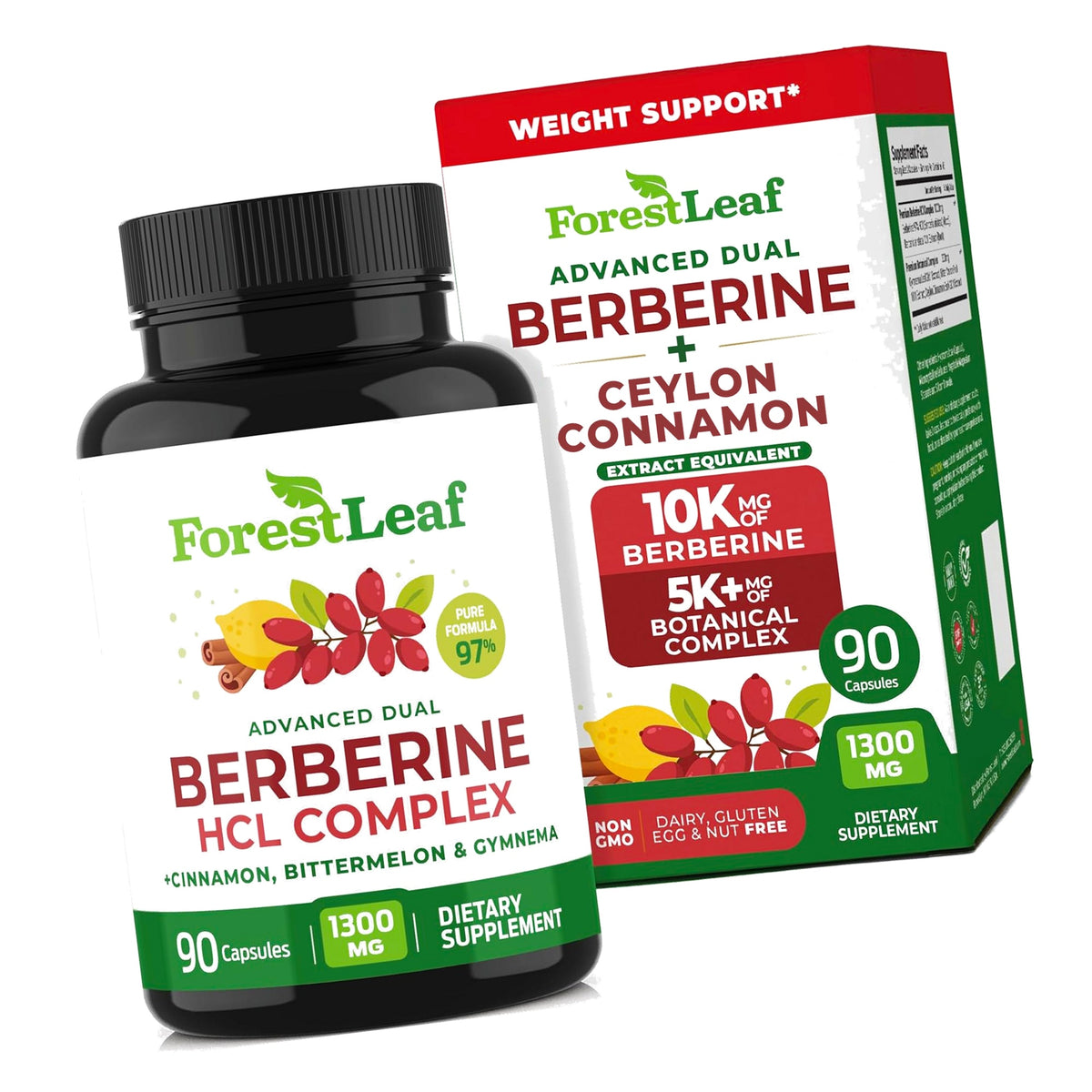 ForestLeaf Berberine Supplement - 1300mg per Serving - Ultra High Potency Berberine HCl with Ceylon Cinnamon, Bitter Melon & Gymnema - GLP-1 Weight Management Support - 90 Caps