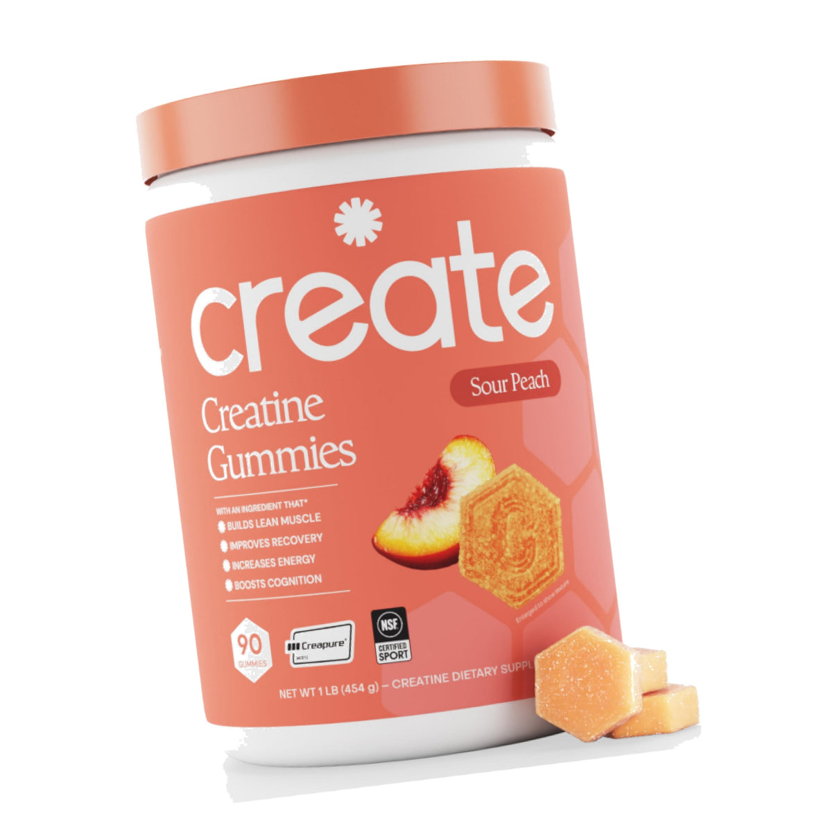 Create Creatine Monohydrate Gummies for Women and Men, Sour Peach, 90ct