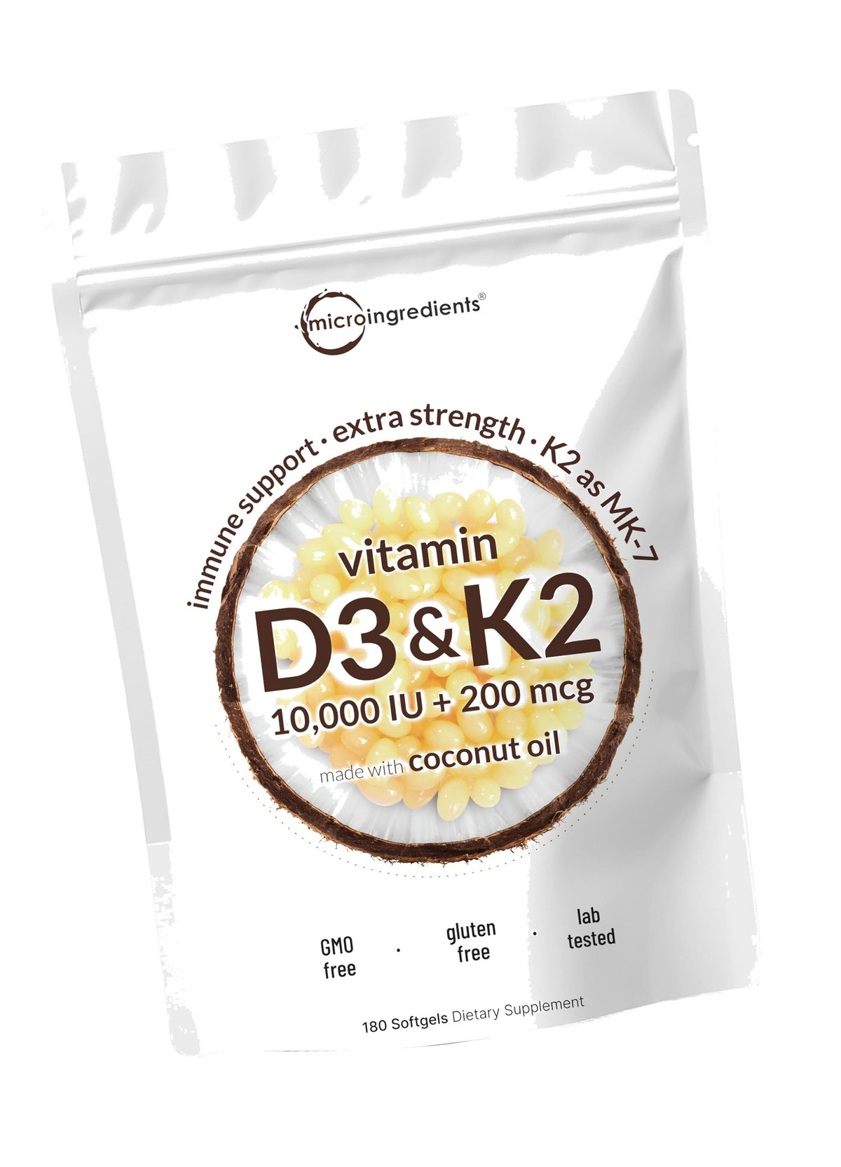 Micro Ingredients Vitamin D3 K2 MK-7 10,000 IU Per Serving, 180 Softgels