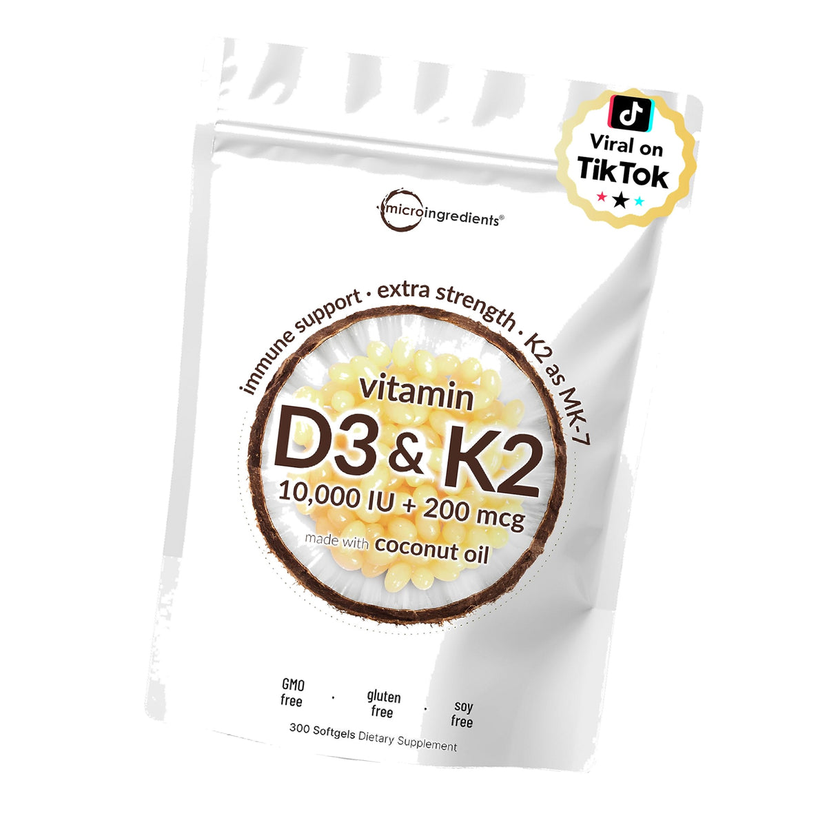 Micro Ingredients Vitamin D3 K2 MK-7 10,000 IU Per Serving, 300 Softgels