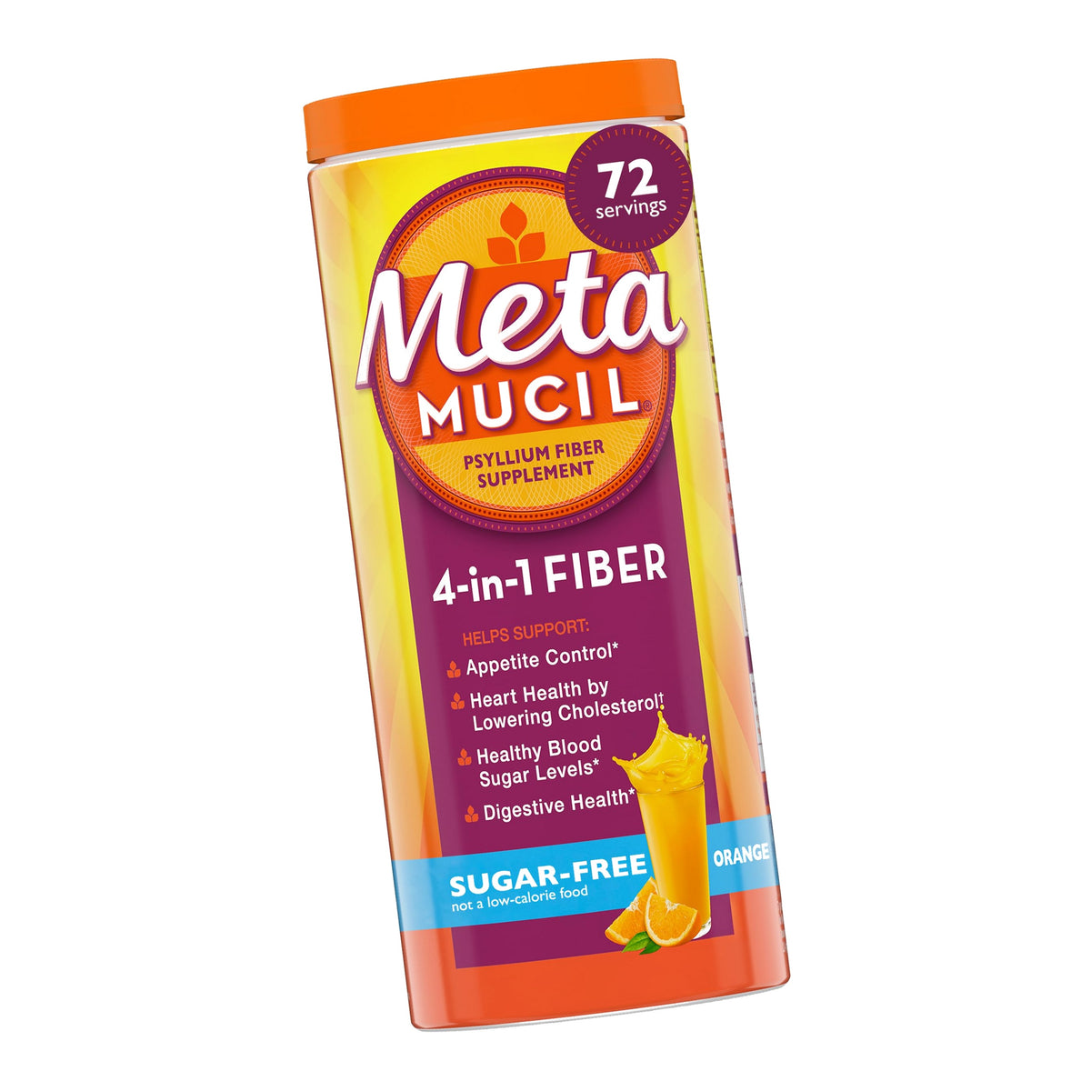 Metamucil 4-in-1 Psyllium Husk GLP-1 Friendly Fiber Supplement, Sugar-Free, 72 teaspoons, Orange Flavored, Daily Fiber Powder for Digestive Health, made with Plant-Based Psyllium Husk Fiber