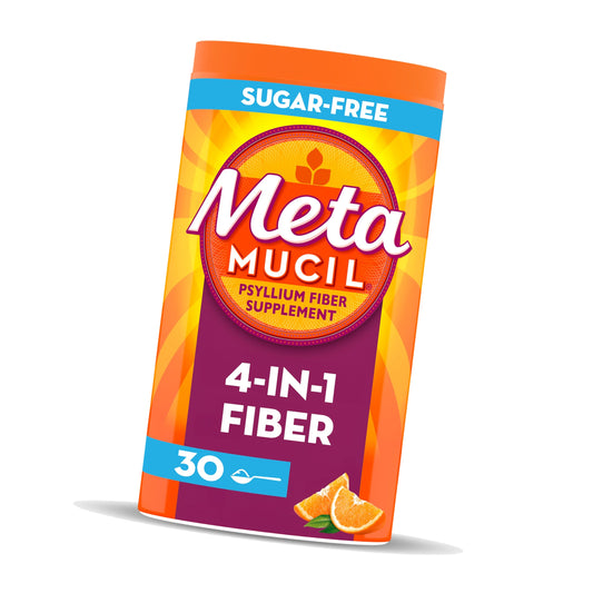 Metamucil 4 in 1 Daily Fiber Supplement Powder, Fiber Powder for Digestive Health and Regularity*, Sugar-Free, Orange, Naturally Sourced Psyllium Fiber, 30 teaspoons