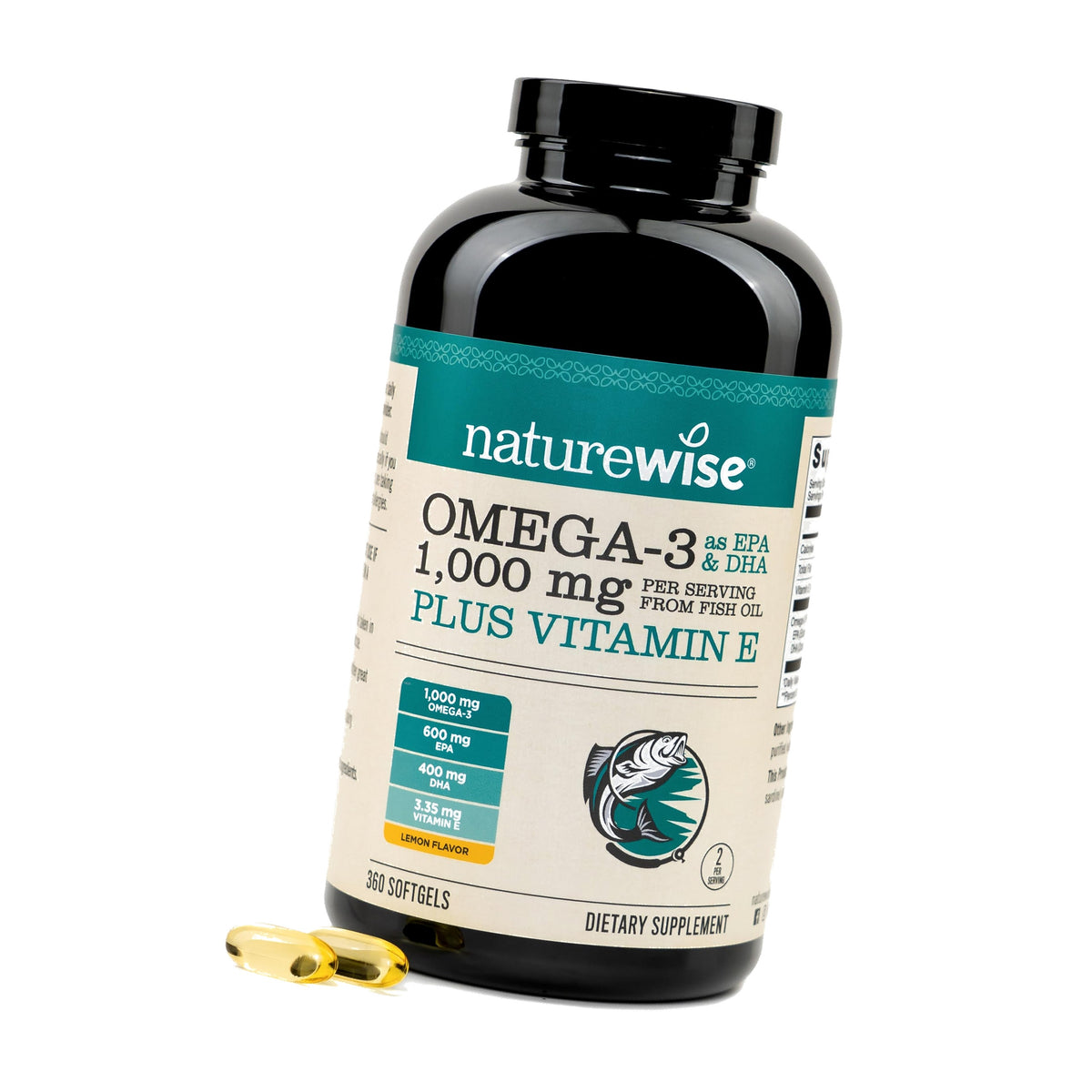 NatureWise Extra-Strength Omega 3 Fish Oil Supplement - 1000mg per Serving - 600 EPA & 400 DHA and Vitamin E - Sustainably Sourced Fish Oil - Lemon Flavor - 360 Softgels[6-Month Supply]