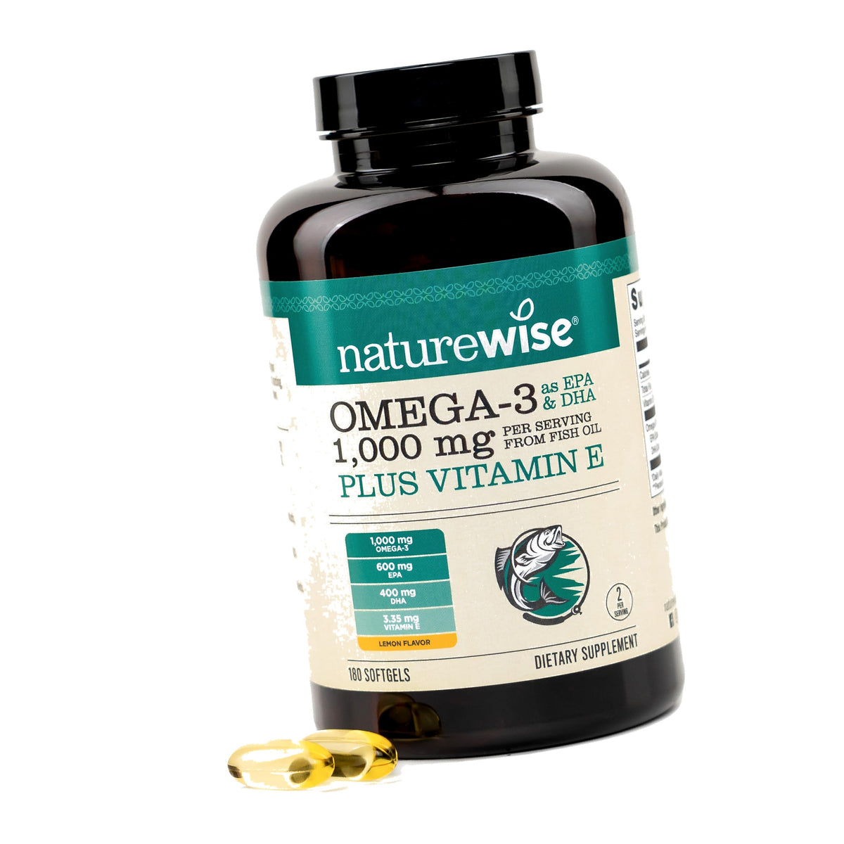 NatureWise Extra-Strength Omega 3 Fish Oil Supplement - 1000mg per Serving - 600 EPA & 400 DHA and Vitamin E - Sustainably Sourced Fish Oil - Lemon Flavor, GMO-Free - 180 Softgels[3-Month Supply]