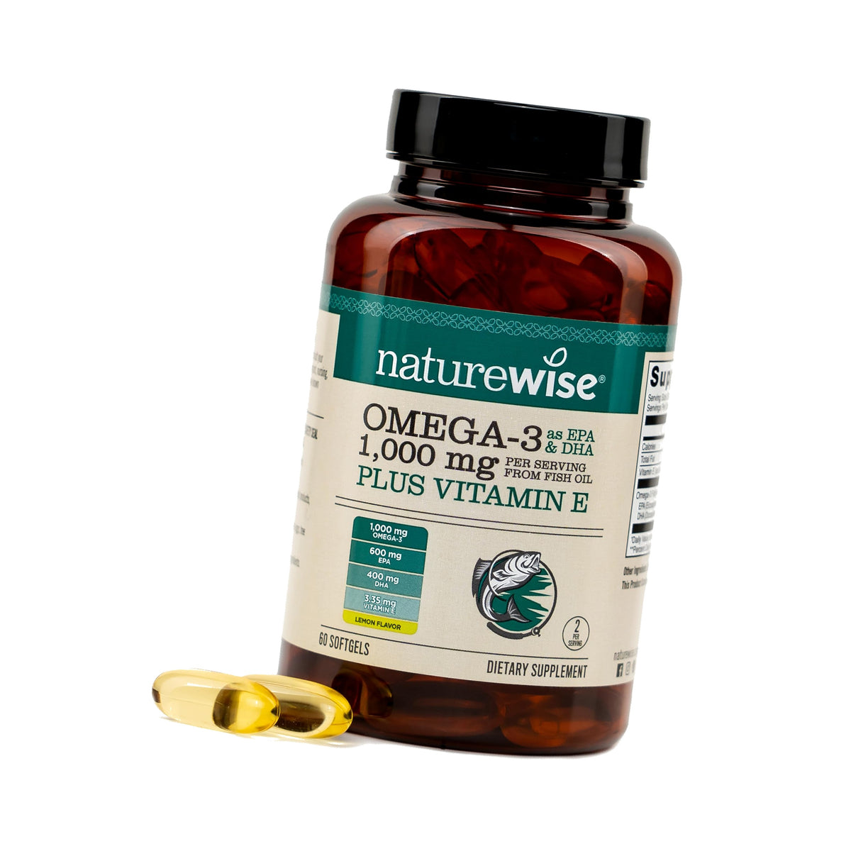 NatureWise Extra-Strength Omega 3 Fish Oil Supplement - 1000mg per Serving - 600 EPA & 400 DHA and Vitamin E - Sustainably Sourced Fish Oil - Lemon Flavor - 60 Softgels[1-Month Supply]