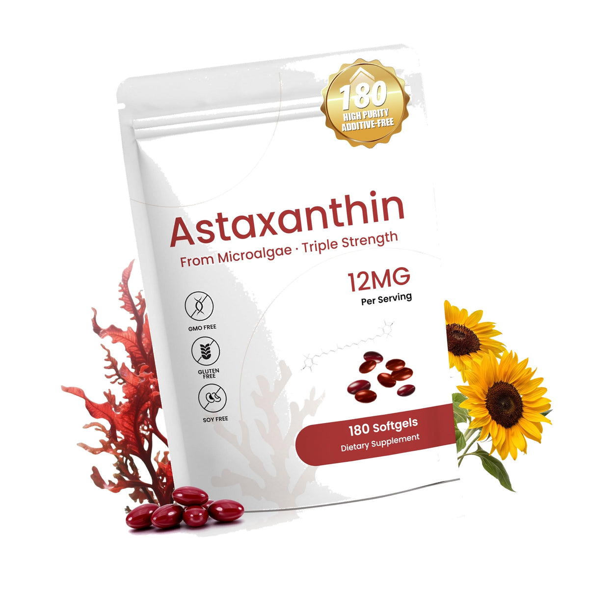 PixelVerve Astaxanthin 12mg Supplement, 180 Softgels, 6 Month Supply