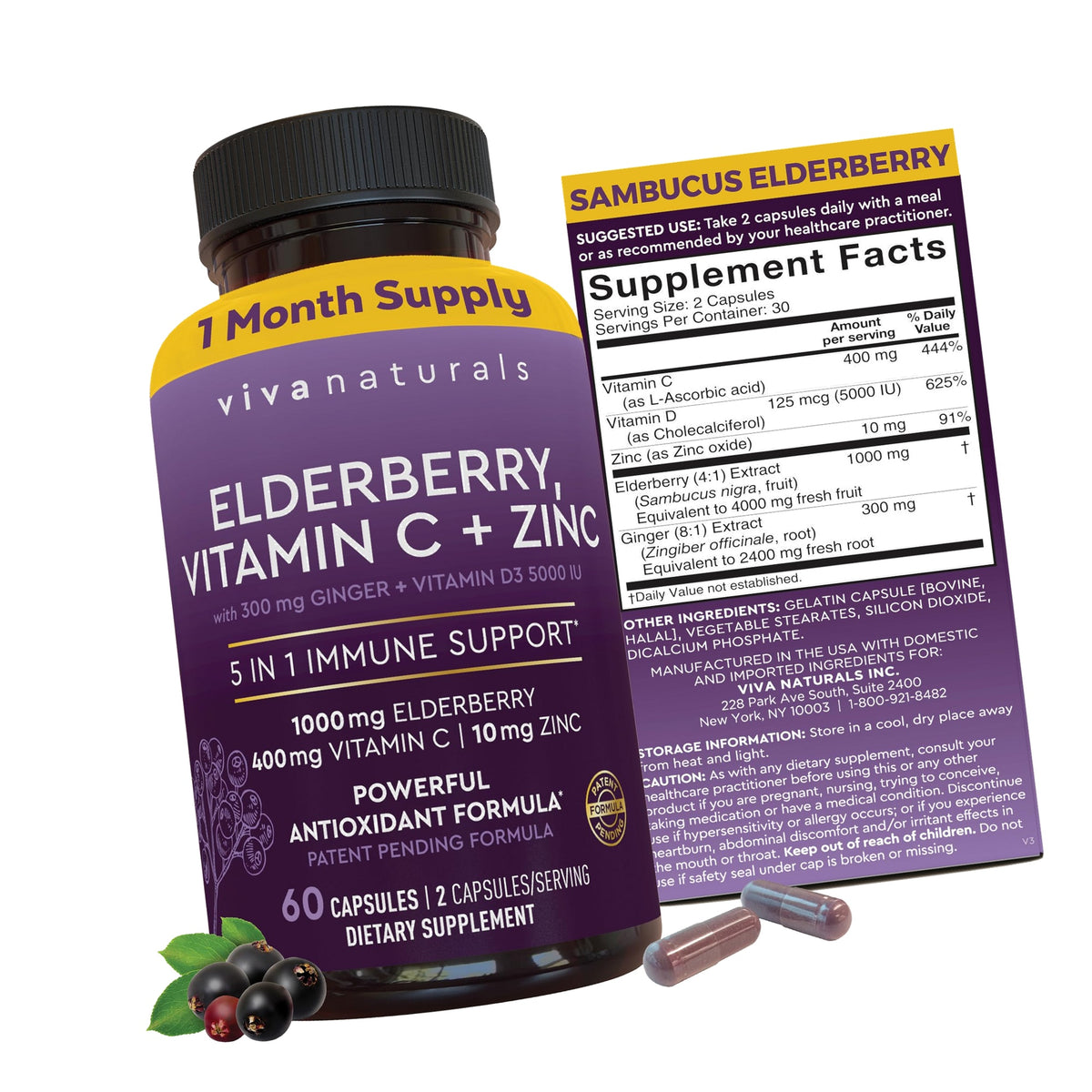 Viva Naturals Black Elderberry 1000mg with Vitamin C, D3 5000 IU & Zinc - 5-in-1 Immune Support Supplement for Adults, Sambucus Elderberry Capsules with Ginger for Men and Women, (60 Capsules)
