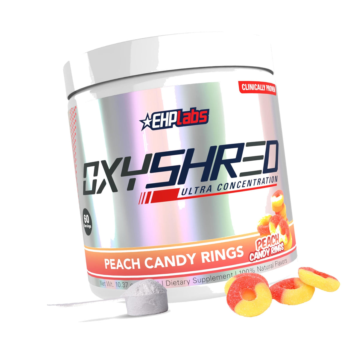 EHP Labs OxyShred Pre Workout Powder - Preworkout Powder with L Glutamine & Acetyl L Carnitine, Energy Boost Drink - Peach Candy Rings, 60 Servings