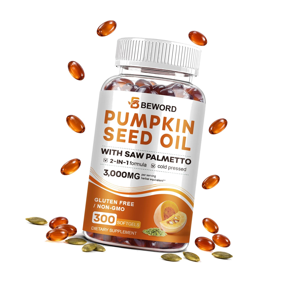 BEWORD Pumpkin Seed Oil with Saw Palmetto, 3000mg/serving, Cold Pressed