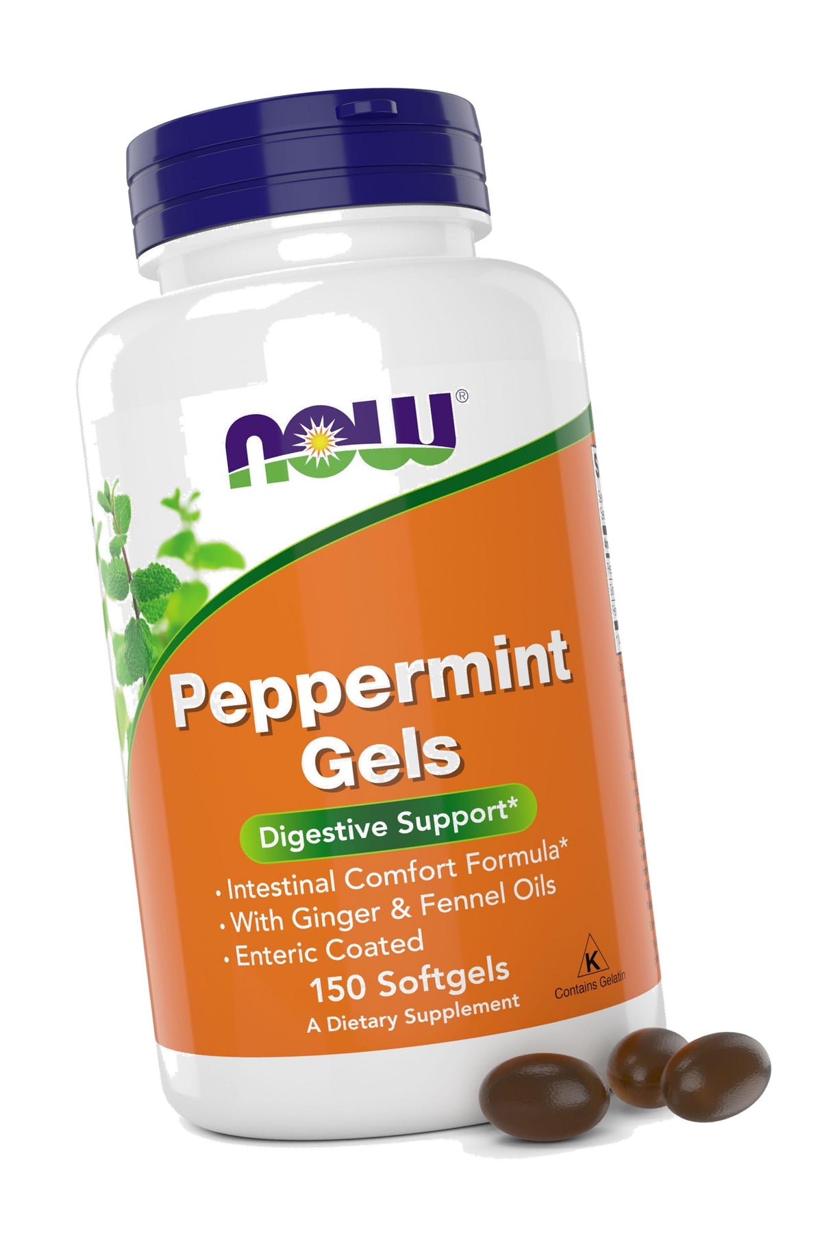 Now Peppermint Gels with Ginger Oil and Fennel Oil, 150 Softgels, Enteric Coated