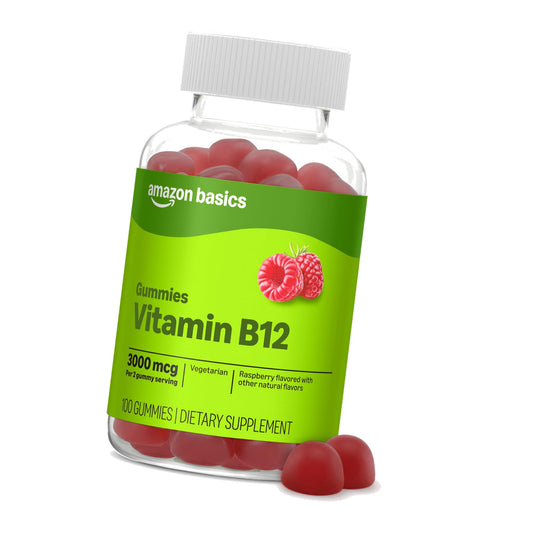 Amazon Basics Vitamin B12 3000 mcg Gummies, Normal Energy Production and Metabolism, Immune System Support, Raspberry, 100 Count (2 per Serving), Packaging May Vary