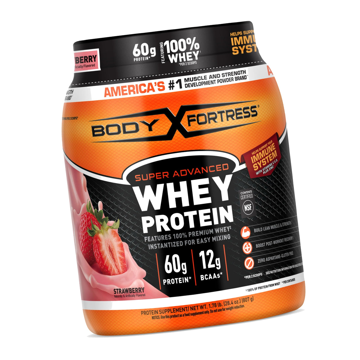 Body Fortress Super Advanced Whey Protein Powder, Strawberry, 1.78 lbs