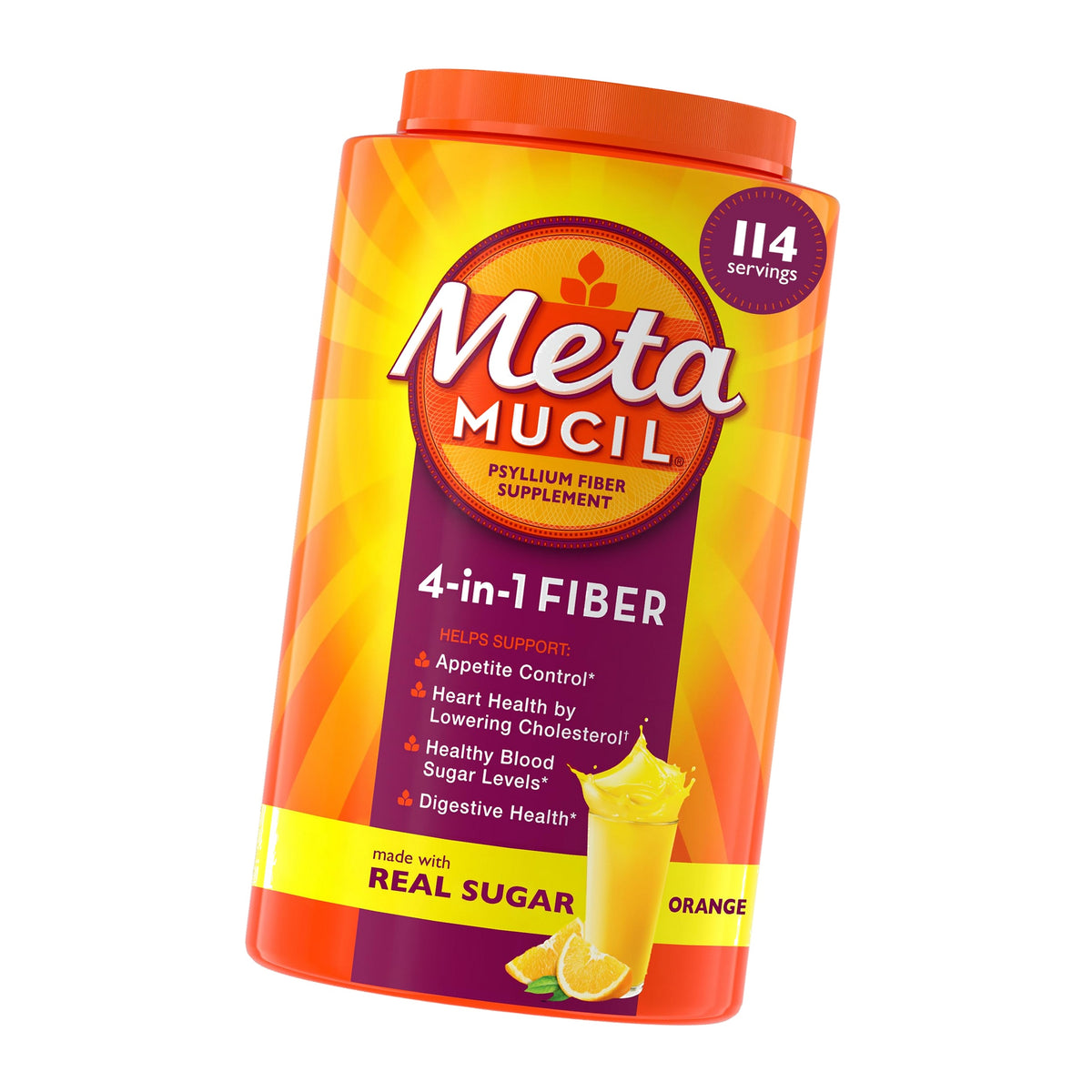 Metamucil 4-in-1 Psyllium Husk GLP-1 Friendly Fiber Supplement, Real Sugar, 114 tablespoons, Orange Flavored, Daily Fiber Powder for Digestive Health, made with Plant-Based Psyllium Husk Fiber