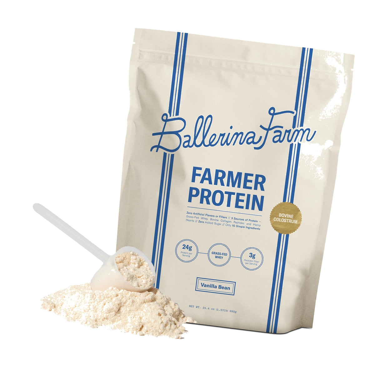 Ballerina Farm Grass Fed Whey Protein Powder, Vanilla Bean, 24g Protein with Collagen Peptides, Bovine Colostrum, Hemp Hearts & Prebiotic Fiber, No Added Sugar or Artificial Ingredients, 20 Servings
