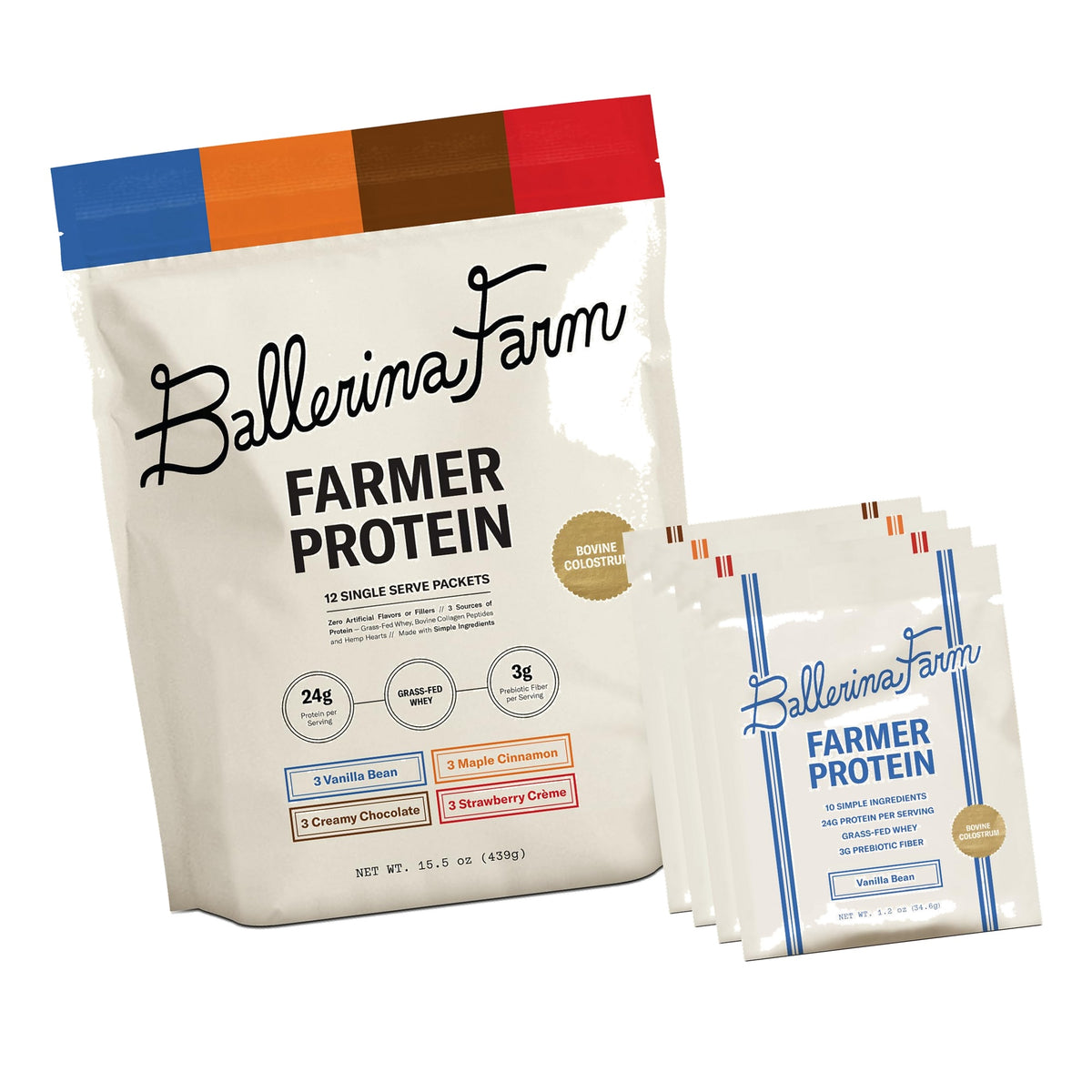 Ballerina Farm Grass Fed Whey Protein Powder, 4 Flavor Variety Pack, 24g Protein with Collagen Peptides, Bovine Colostrum, Hemp Hearts & Prebiotic Fiber, No Artificial Ingredients, 12 Servings