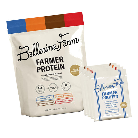 Ballerina Farm Grass Fed Whey Protein Powder, 4 Flavor Variety Pack, 24g Protein with Collagen Peptides, Bovine Colostrum, Hemp Hearts & Prebiotic Fiber, No Artificial Ingredients, 12 Servings
