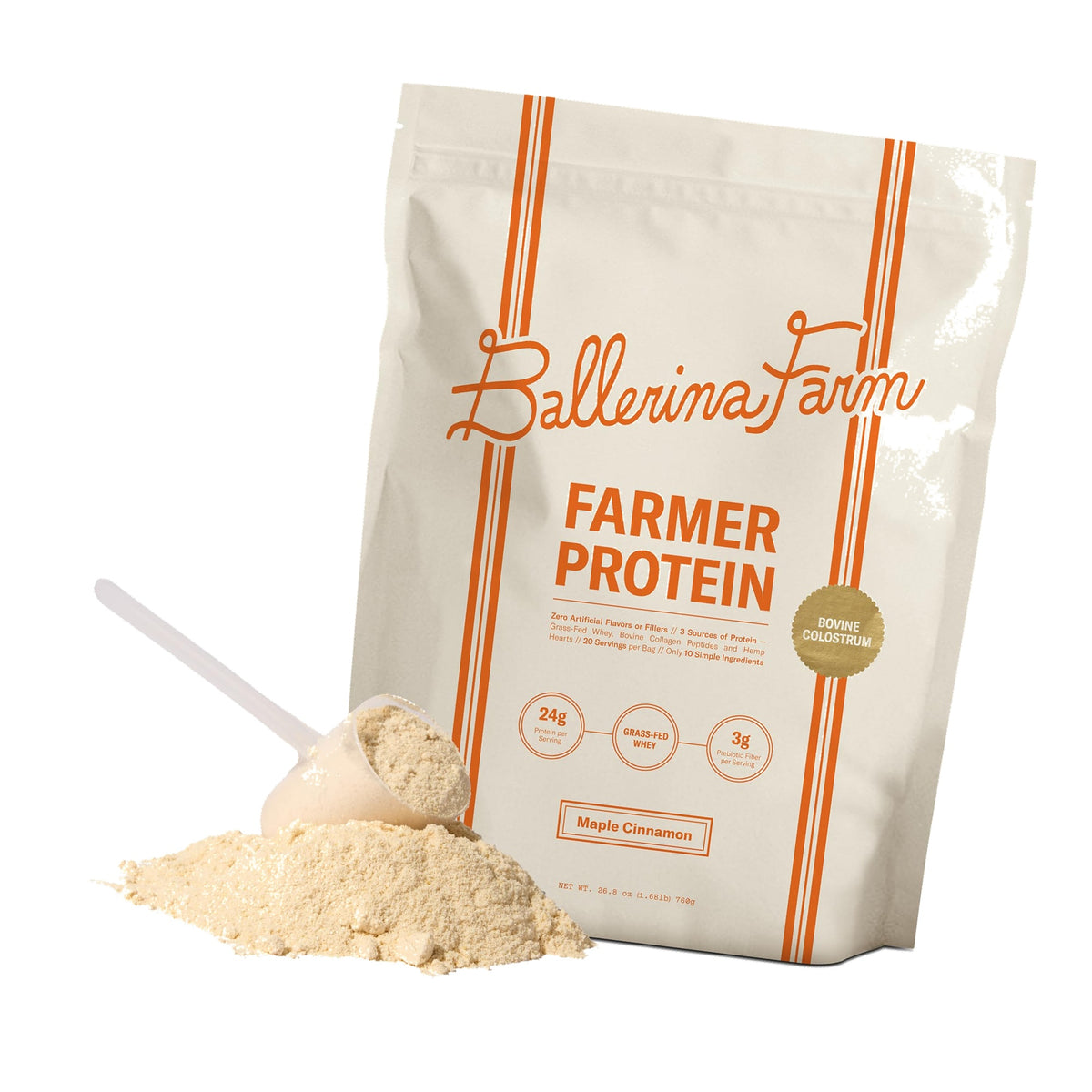 Ballerina Farm Grass Fed Whey Protein Powder, Maple Cinnamon, 24g Protein with Collagen Peptides, Bovine Colostrum, Hemp Hearts & Prebiotic Fiber, No Artificial Ingredients, 20 Servings