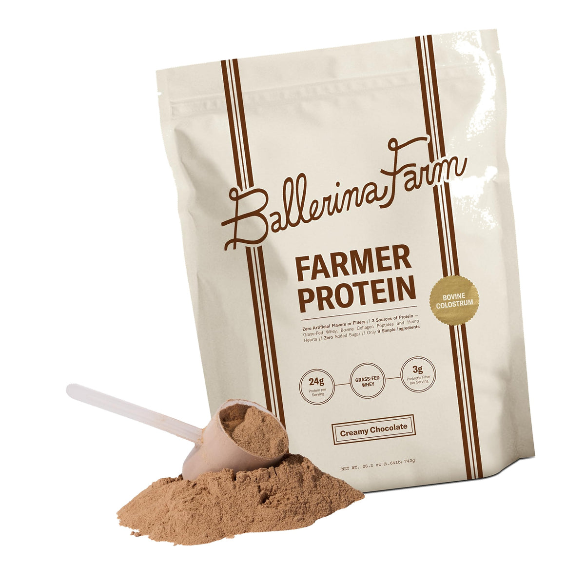 Ballerina Farm Grass Fed Whey Protein Powder Creamy Chocolate, 24g Protein with Collagen Peptides, Bovine Colostrum, Hemp Hearts, Prebiotic Fiber, No Added Sugar or Artificial Ingredients, 20 Servings