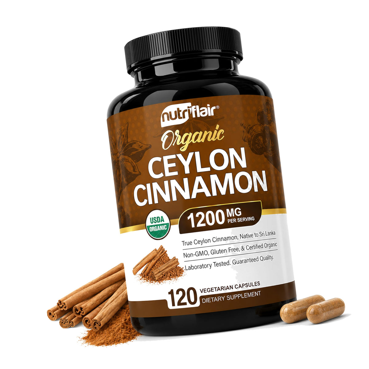 NutriFlair Organic Ceylon Cinnamon Supplement 1200mg, 120 Capsules