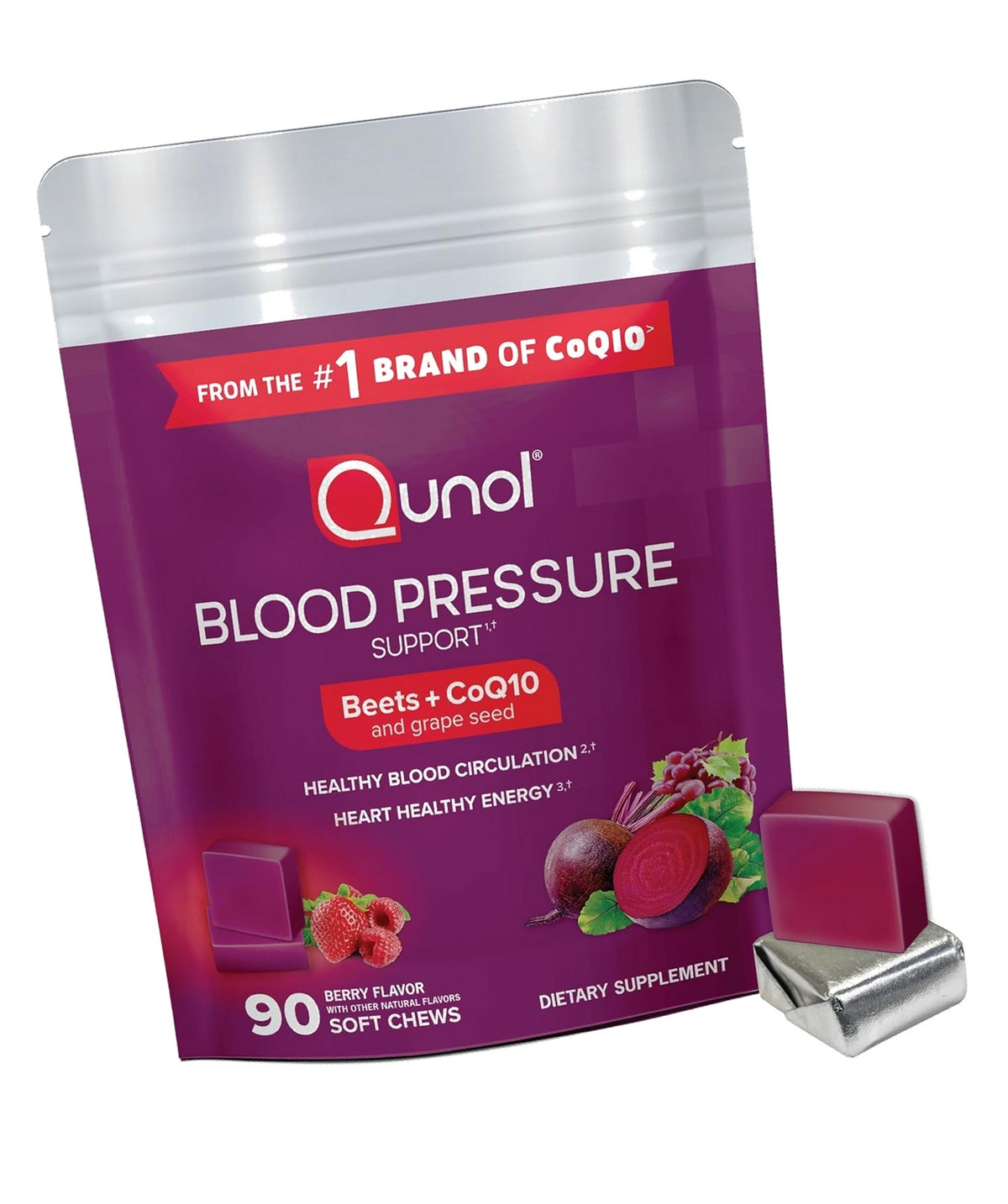 Qunol 3-in-1 Beet Roots Chews with CoQ10, Blood Pressure Support, 90ct