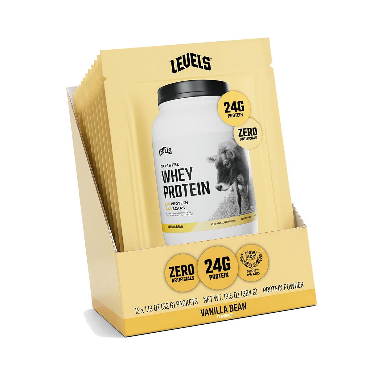 Levels Whey Protein Powder, No Artificials, Vanilla Bean, 12 Count