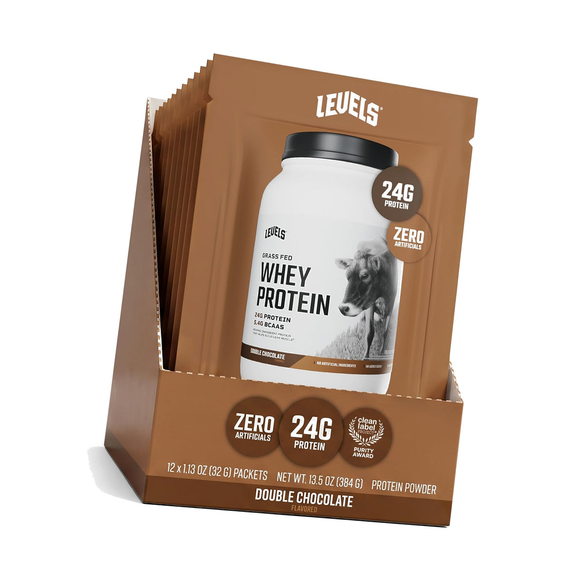Levels Whey Protein Powder, No Artificials, Double Chocolate, 12 Count