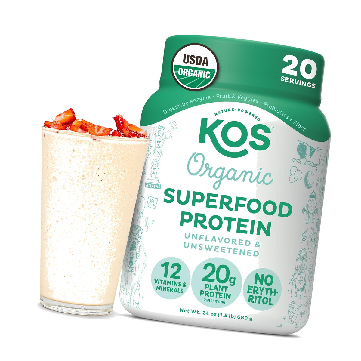 KOS Vegan Protein Powder, Unflavored & Unsweetened - Low Carb Pea Protein Blend, Organic Superfood Rich in Vitamins & Minerals - Keto, Soy, Dairy Free - Meal Replacement for Women & Men - 20 Servings