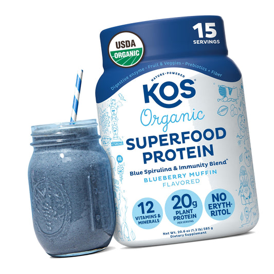 KOS Plant Based Protein Powder, Blueberry Muffin - Organic Pea Protein Superfood with Spirulina and Immune Support Blend. Soy, Gluten, Dairy Free - Vegan Meal Replacement for Women & Men - 15 Servings
