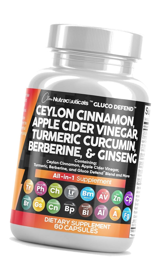 Clean Nutraceuticals Ceylon Cinnamon Capsules + Berberine Turmeric Apple Cider Vinegar Ginseng Bitter Melon (Karela) Gymnema Milk Thistle Fenugreek Supplement Pills Powder for Men & Women
