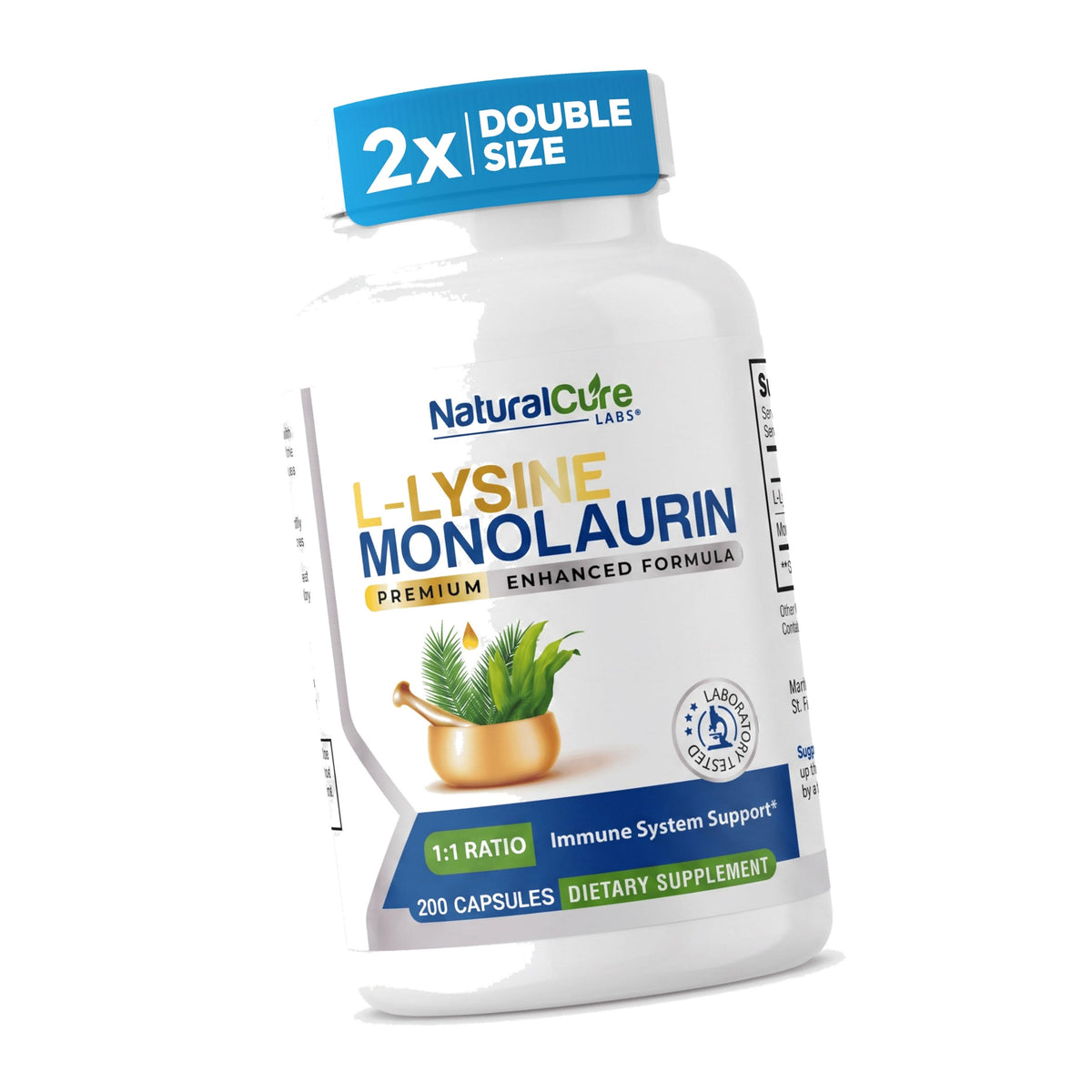 Natural Cure Labs L-Lysine with Monolaurin 600mg 1:1 Ratio, 1 Pack, 200 Capsules