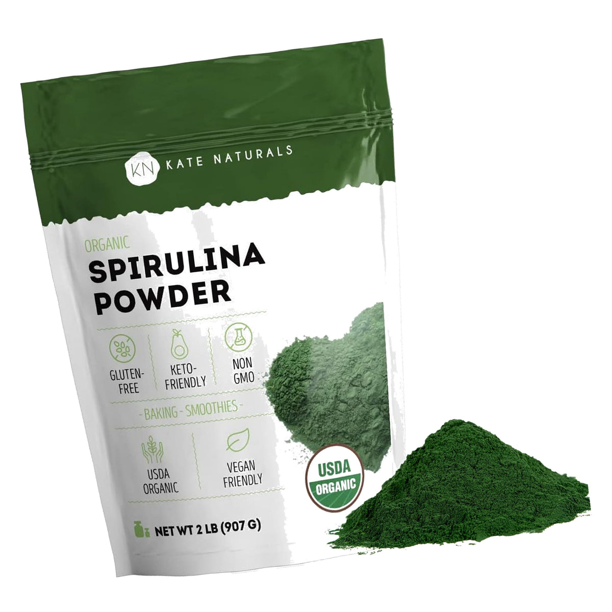 Kate Naturals Organic Spirulina Powder for Smoothies & Protein Shakes, 2lbs