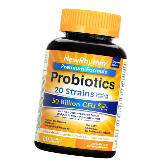 NewRhythm Probiotics 50 Billion CFU 20 Strains, 60 Veggie Capsules, Targeted Release Technology, Stomach Acid Resistant, No Need for Refrigeration, Non-GMO, Gluten Free