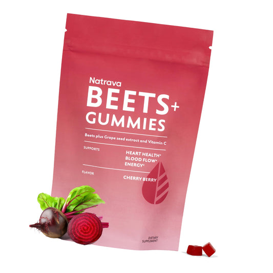 Natrava Beets+ Gummies - Premium Beet Root Powder, Grape Seed Extract and Vitamin C - Supports Healthy Blood Pressure and Heart Health - Low Sugar Nitric Oxide and Circulation Supplement - 50 Gummies