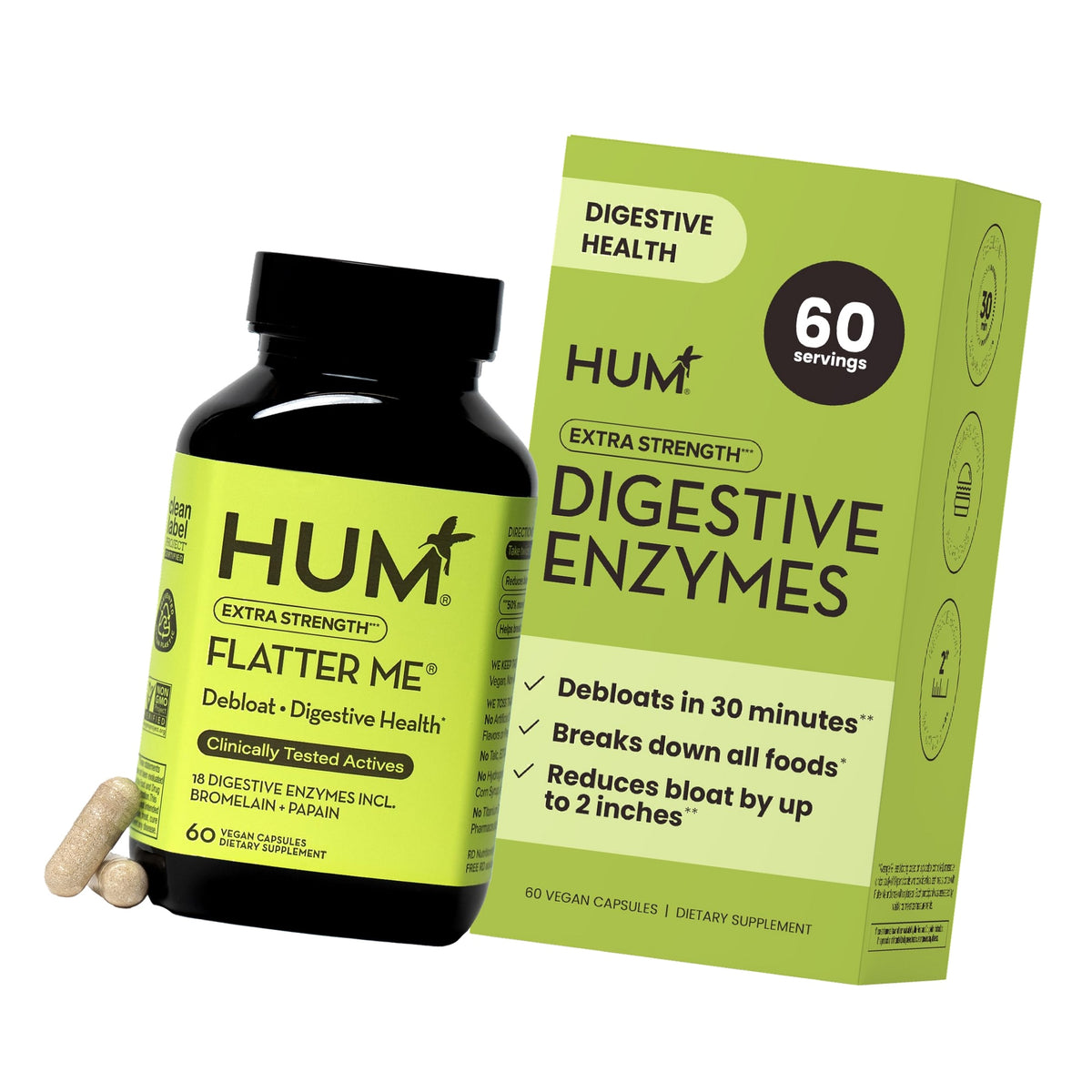 HUM Flatter Me Extra Strength Digestive Enzymes, Bloating Support, 60 Count