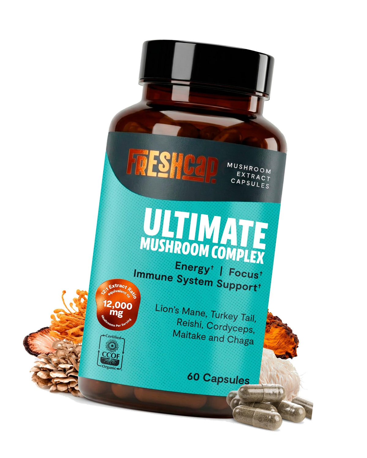 FreshCap Mushrooms Supplement, Ultimate Mushroom Complex, 60 Capsules