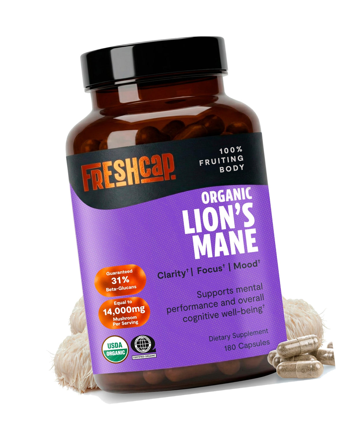 Freshcap Lions Mane Mushroom Supplement - Cognitive Support, 180 Capsules