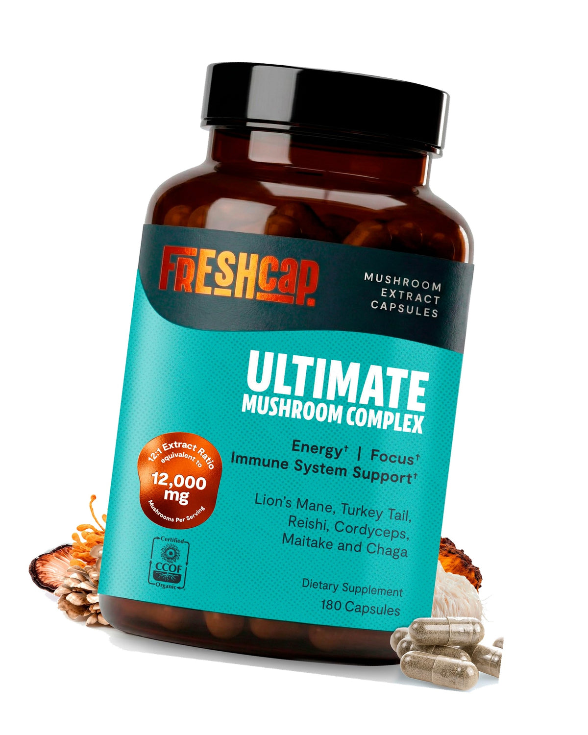 FreshCap Mushrooms Supplement Ultimate Mushroom Complex, 180 Capsules